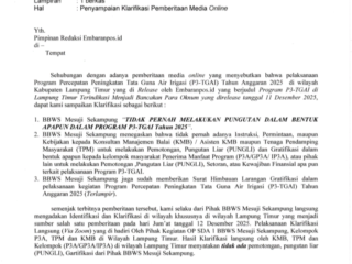 ‎Dugaan Pungutan P3-TGAI di Lampung Timur Mencuat, BBWS Mesuji Sekampung Tegaskan Tak Pernah Lakukan Pemotongan